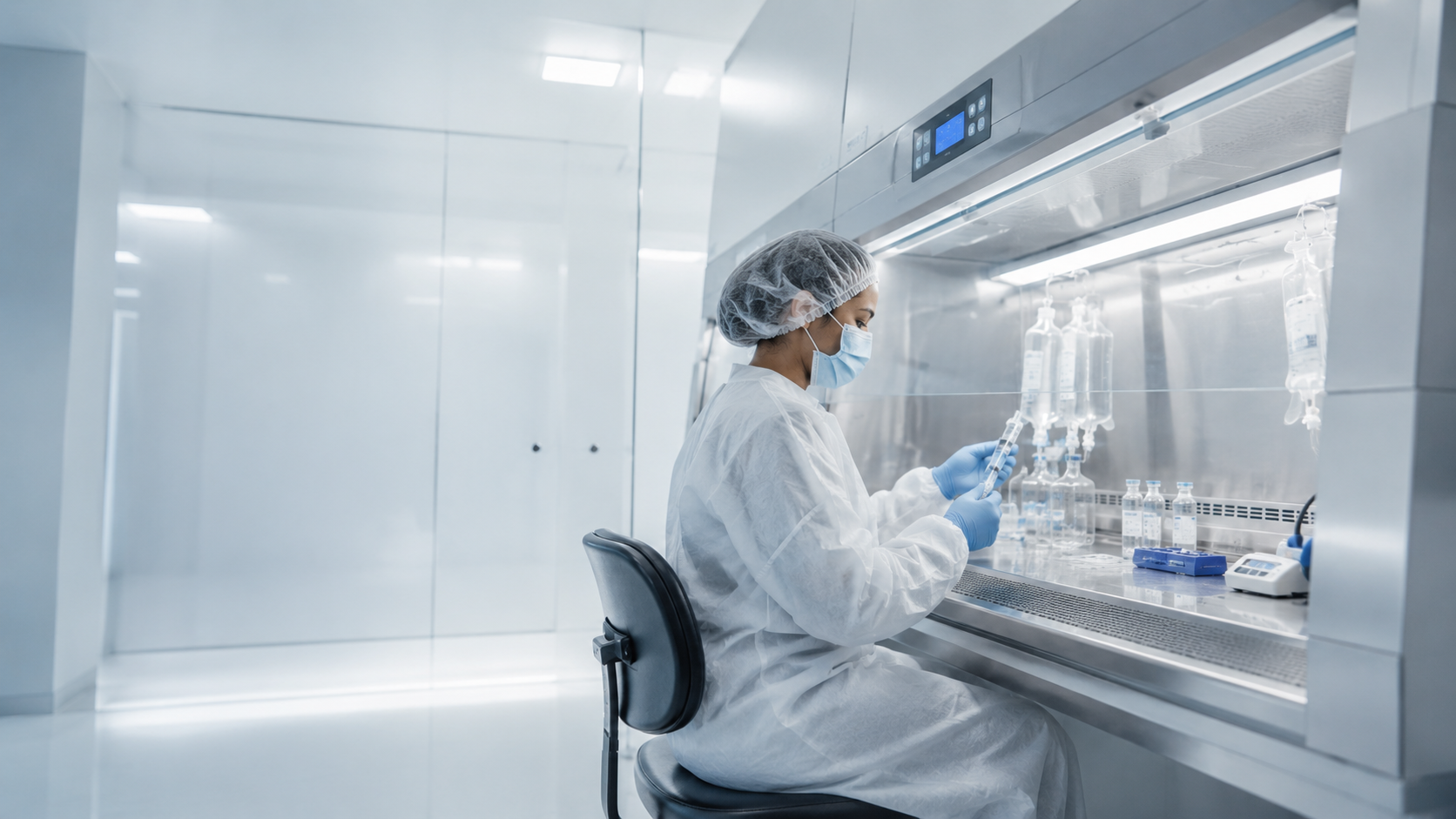 Pharmacy technician in full cleanroom garb using a compliance tracking touchscreen while colleague compounds sterile preparations in a laminar flow hood behind them